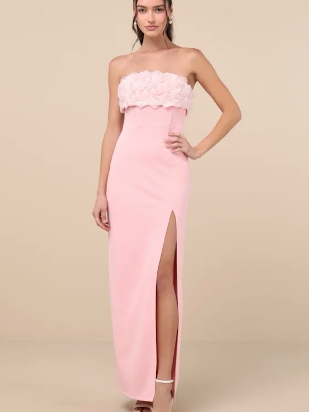 Lulus NWT Fiore Light Pink 3D Rosette Strapless Maxi Dress size medium